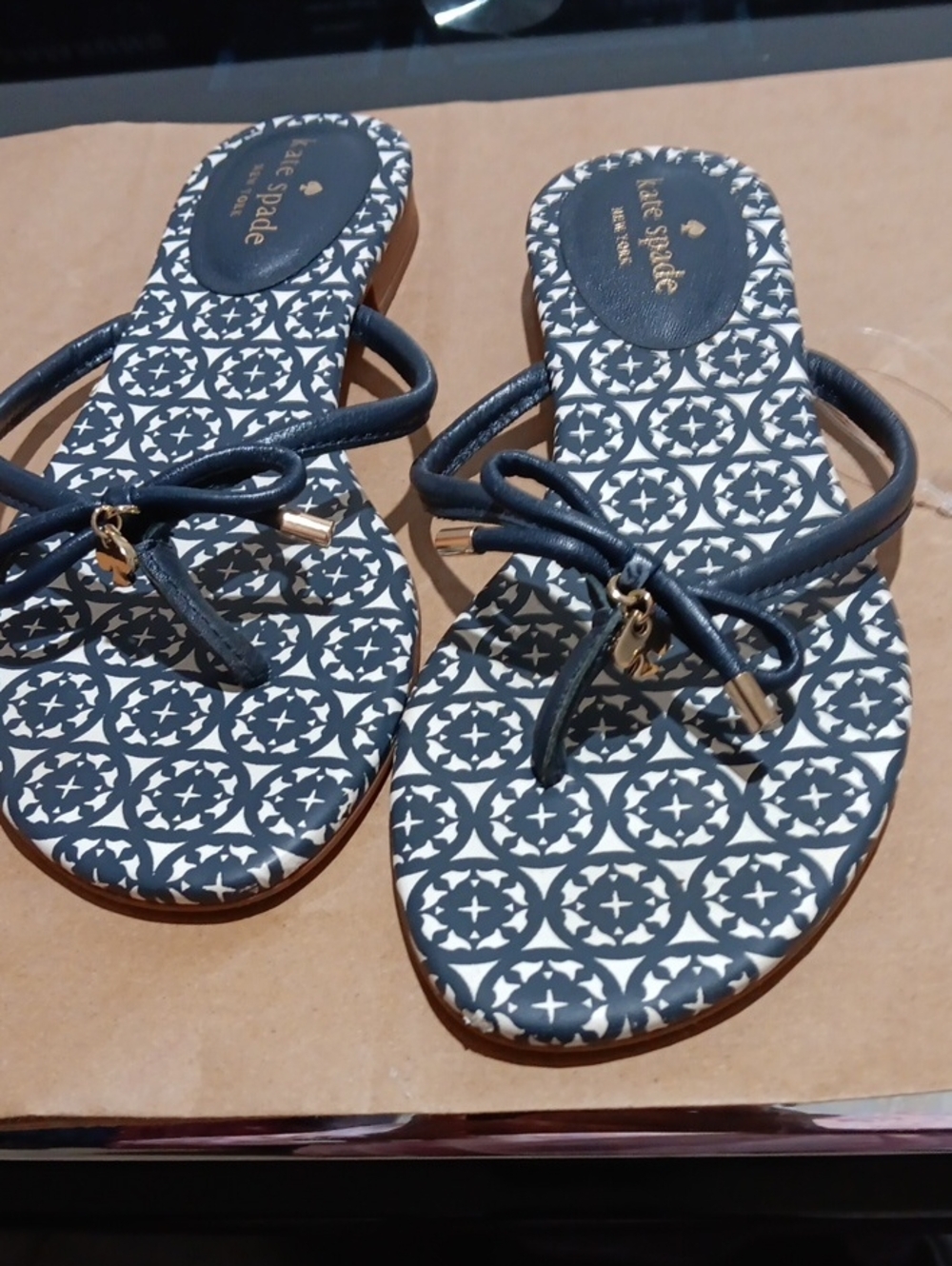kate spade Navy & White Patterned Bow-Trim Slide Sandals